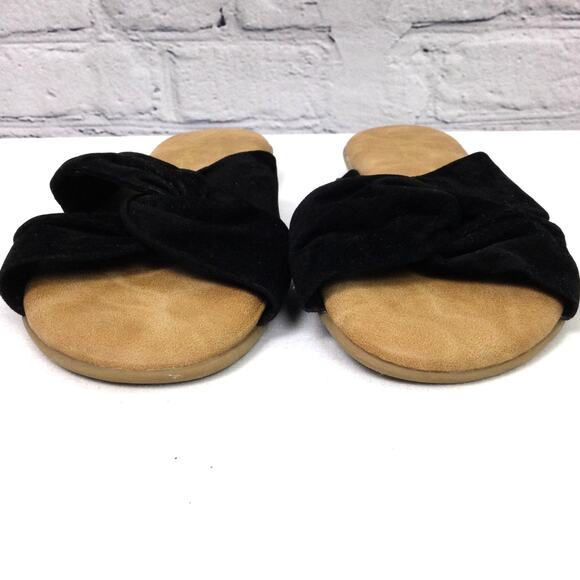 Lulus Faux Suede Twist Open Toe Cushioned Comfort Flat Black Slide Sandal 7.5 - Picture 3 of 9
